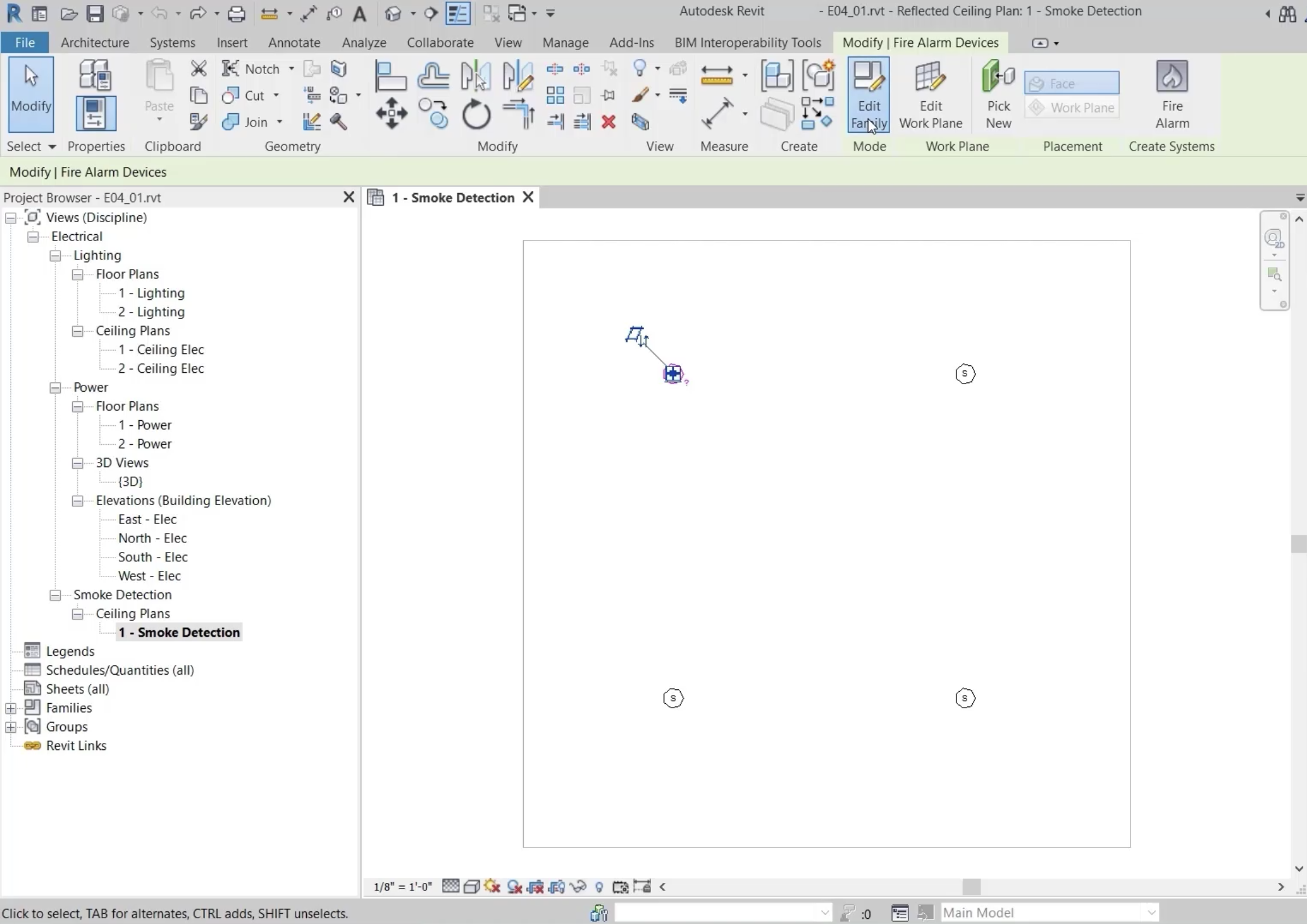 In an open Revit project, a smoke detector selected in the 1 – Smoke Detection view, and in the ribbon, Edit Family selected.