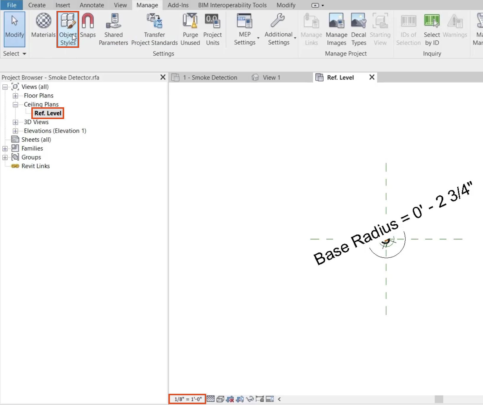 In the Ref Leve view, the scale set for this example, and Object Styles selected in the Manage tab of the ribbon.