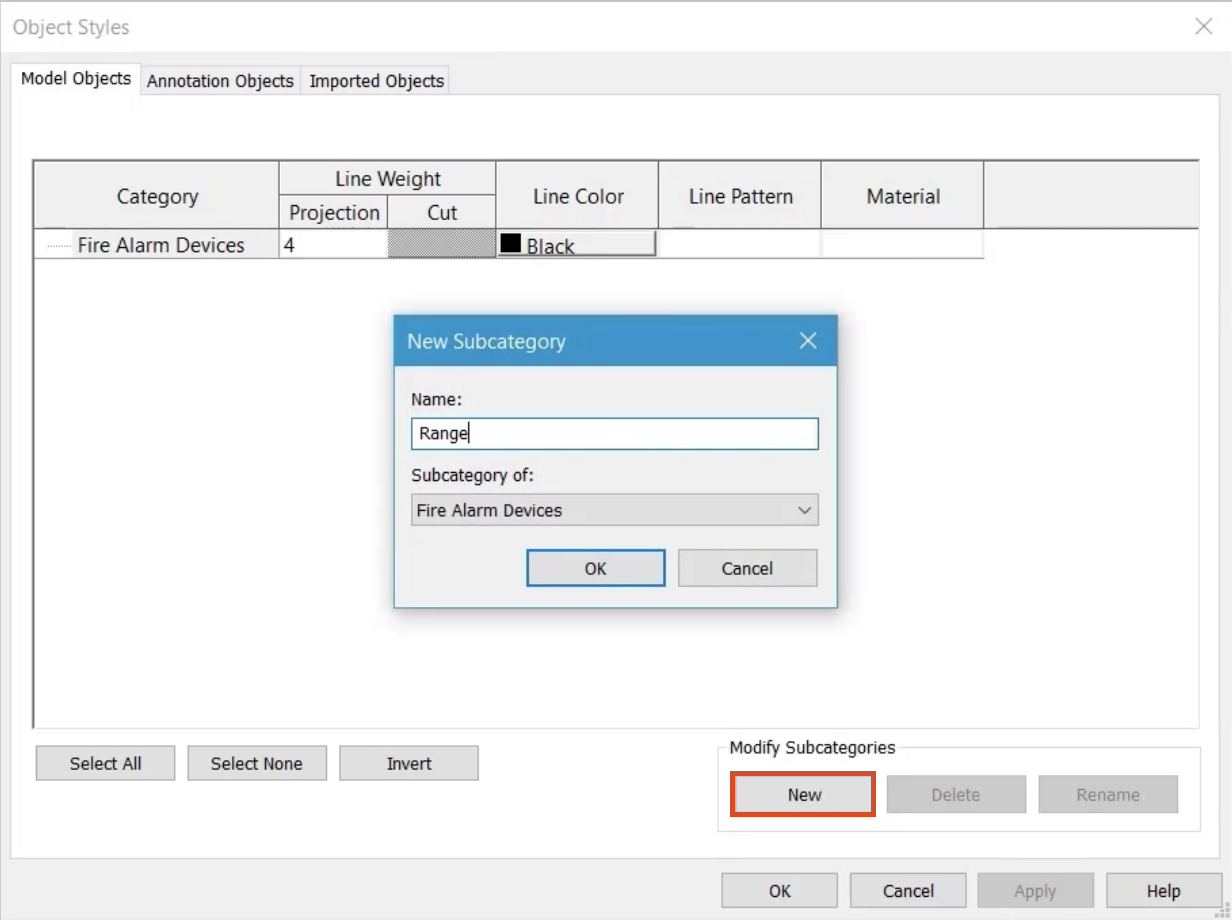 In the Object Styles dialog box, New highlighted, and in the New Subcategory popup, the name “Range” entered.