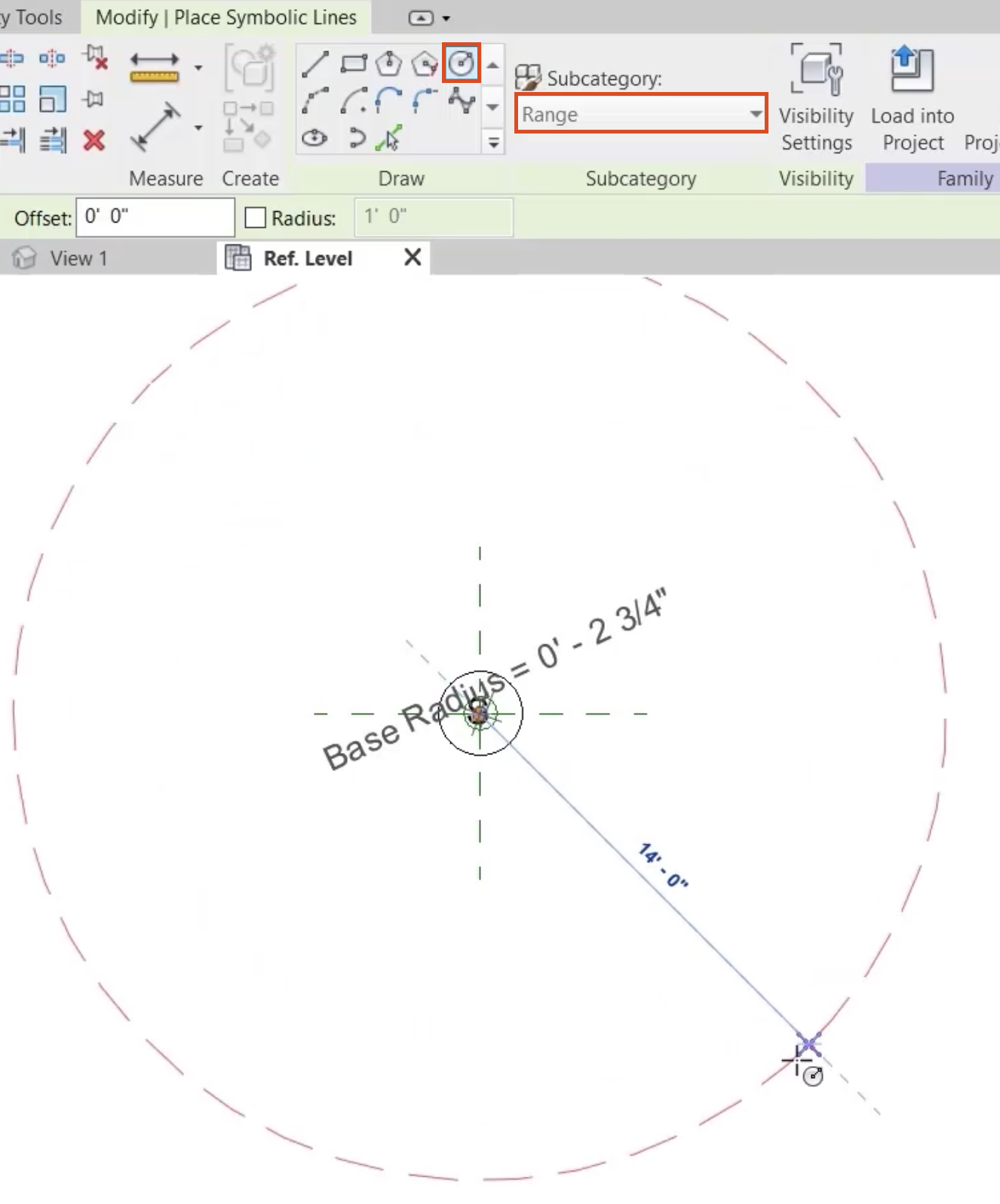 In the Draw panel, Circle selected, with the Subcategory set to Range; and in the Ref. Level view, drawing a circle from the center of the smoke detector.