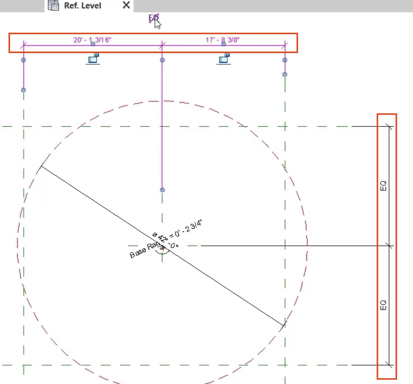 In the Ref. Level view, the equality (EQ) constraint is applied to the drawn horizontal and vertical continued dimensions.