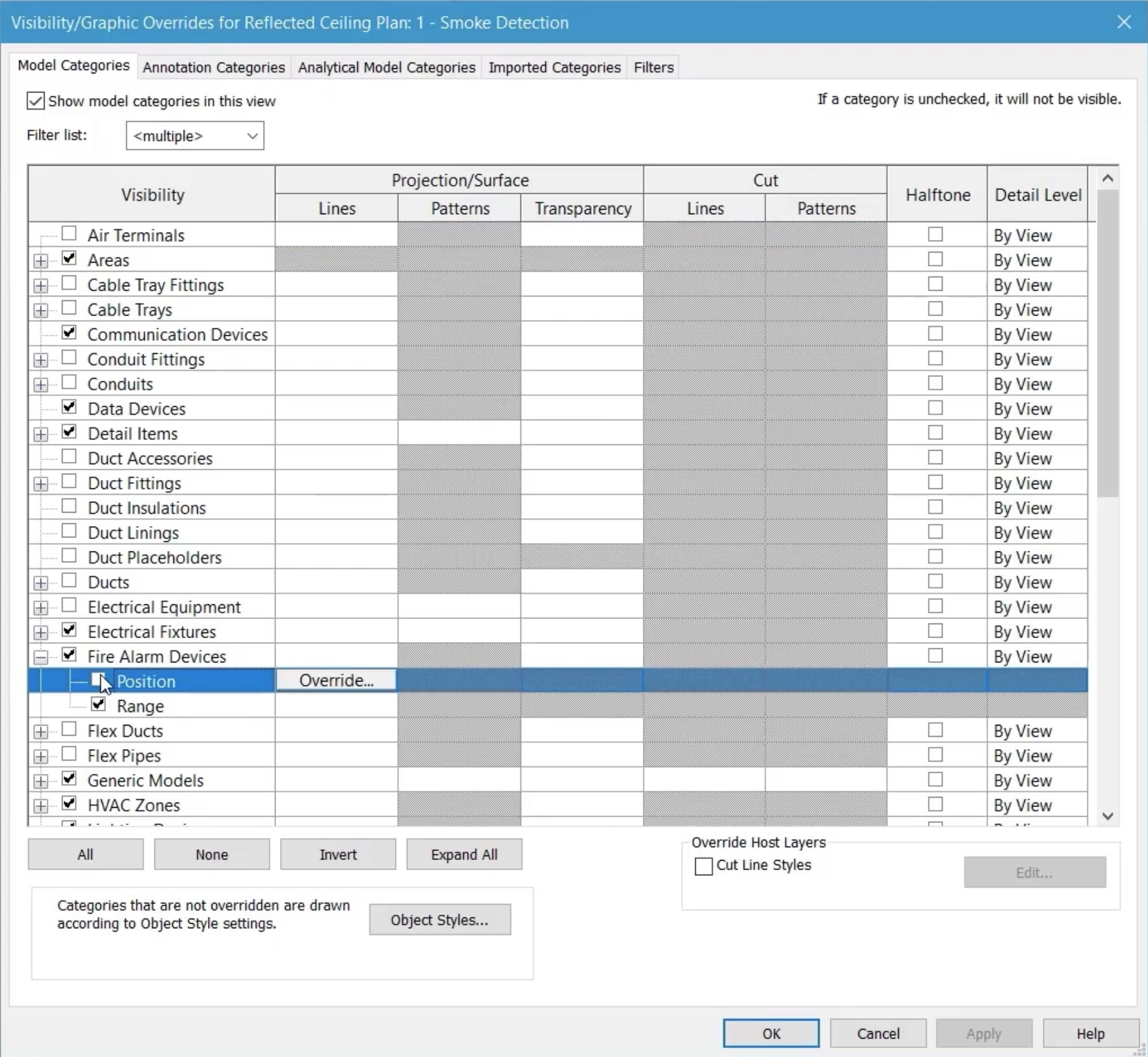 In the Visibility Graphics Overrides for the view, with the Fire Alarm Devices category expanded, the checkboxes for the 2 new subcategories are cleared for deselection.