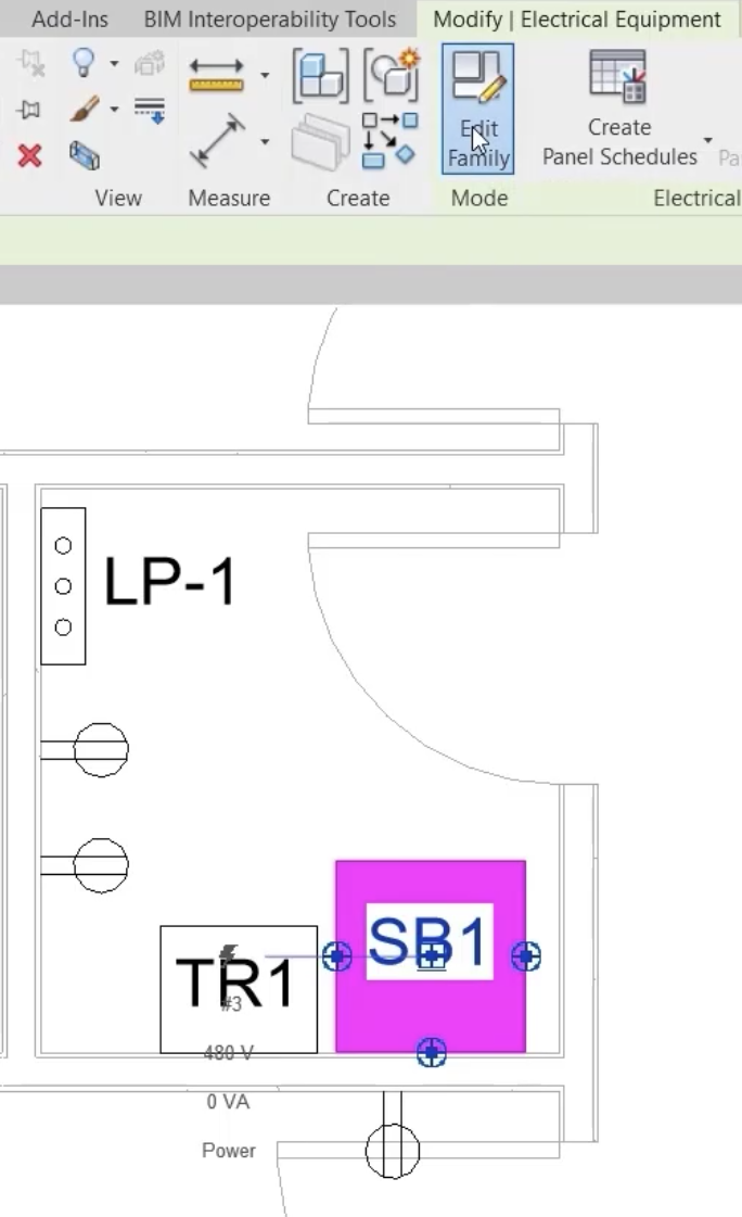 In a zoomed-in view of the electrical room, the switchboard SB1 selected, and in the Mode tab, Edit Family selected.