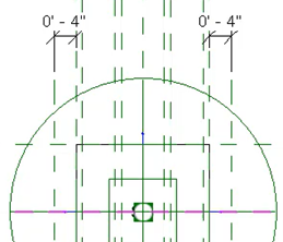 In the Ref. Level view, a zoomed-in view of the placement of 2 vertical reference planes positioned at 0' – 4" with dimensions applied.