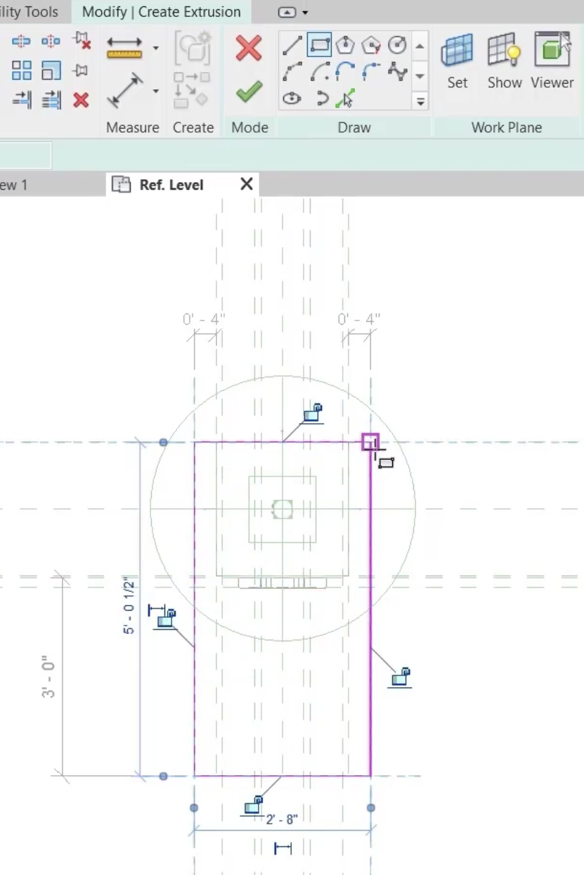 On the ribbon, Draw panel, Rectangle is selected, and in the Ref. Level view, a rectangle has been drawn across the reference planes.