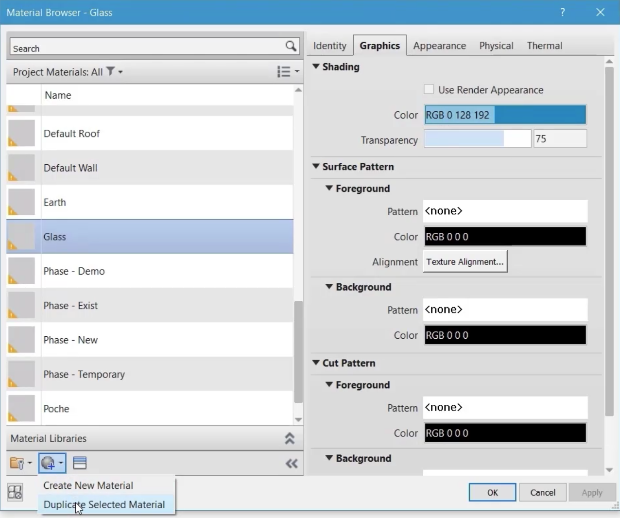 In the Materials Browser, Glass is selected in the list of Project Materials on the left, and below that, the Add Material button is expanded, where Duplicate Selected Material is being selected.