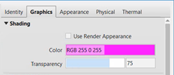 In the Graphics tab of the materials Browser, the Color and Transparency configured for this example.