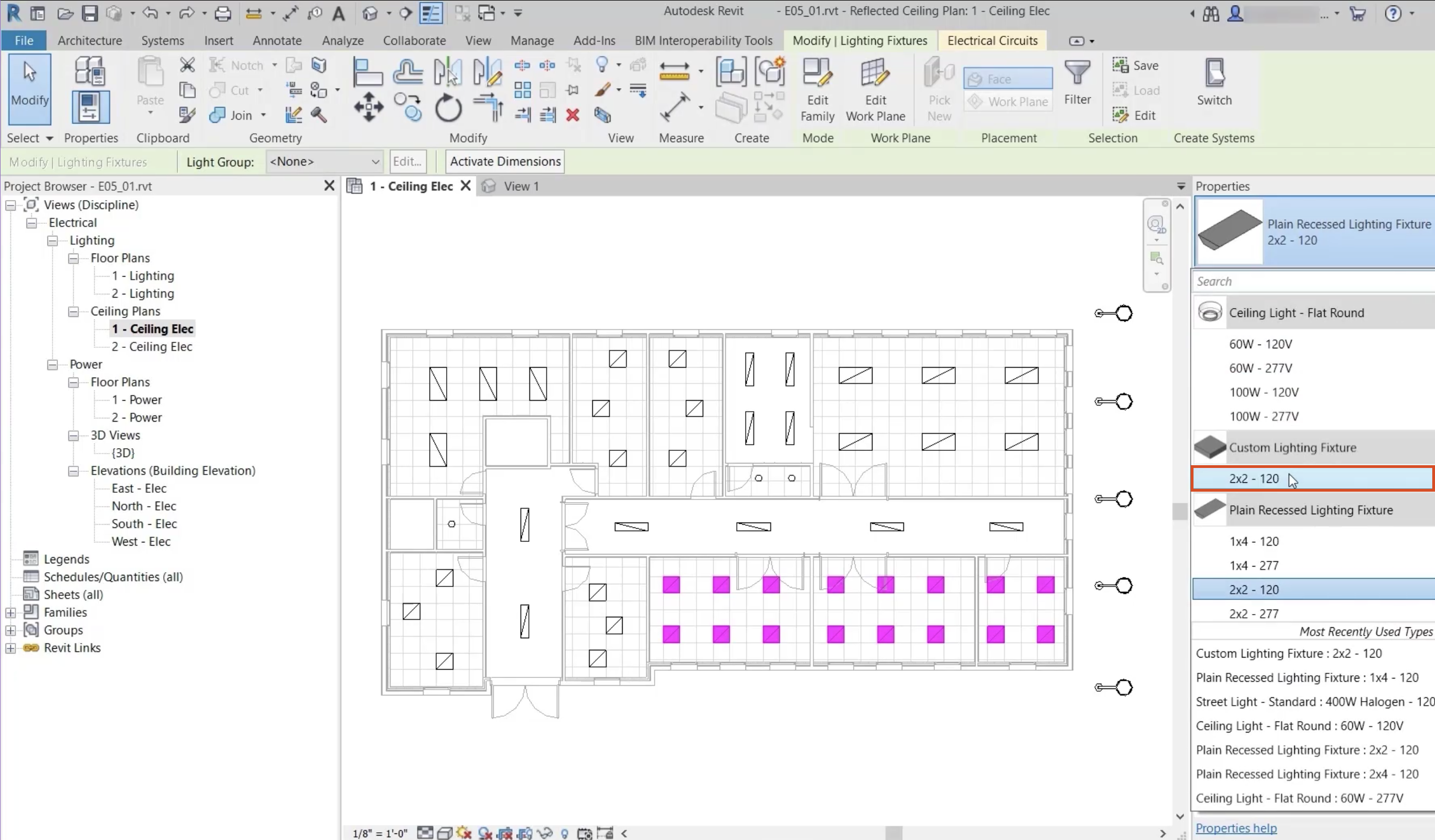 In the open Revit project, lighting fixtures selected in the lower right corner of the Ceiling Elec. View, and a new fixture type selected in the Type Selector.