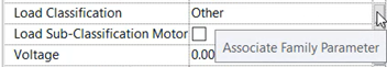 In the Properties, Associate Family Parameter is being selected for the Load Classification.