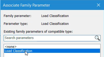 In the Associate Family Parameter dialog box, Load Classification is being selected.