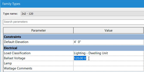 In the Family Types dialog box, the Ballast Voltage value is highlighted.