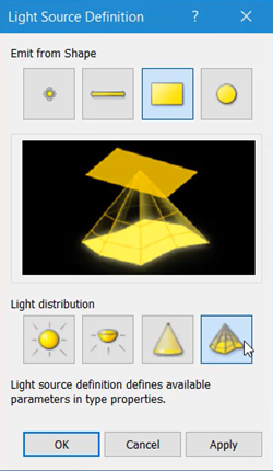 In the Light Source Definition dialog box, Rectangle and Photometric Web are selected so that the buttons are highlighted blue.