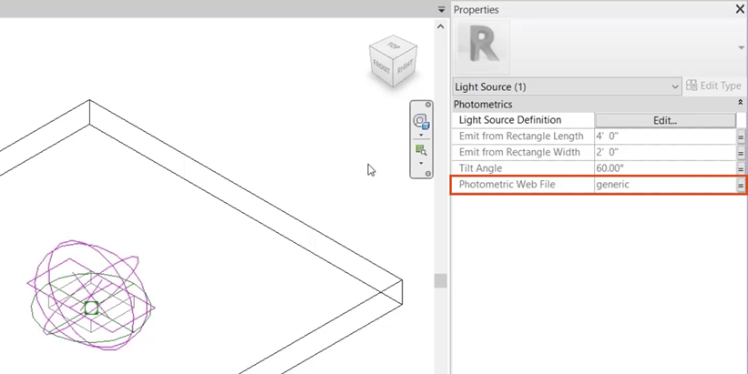 In the view, the light source shows as selected, and in the Properties, a generic Photometric Web File is assigned.