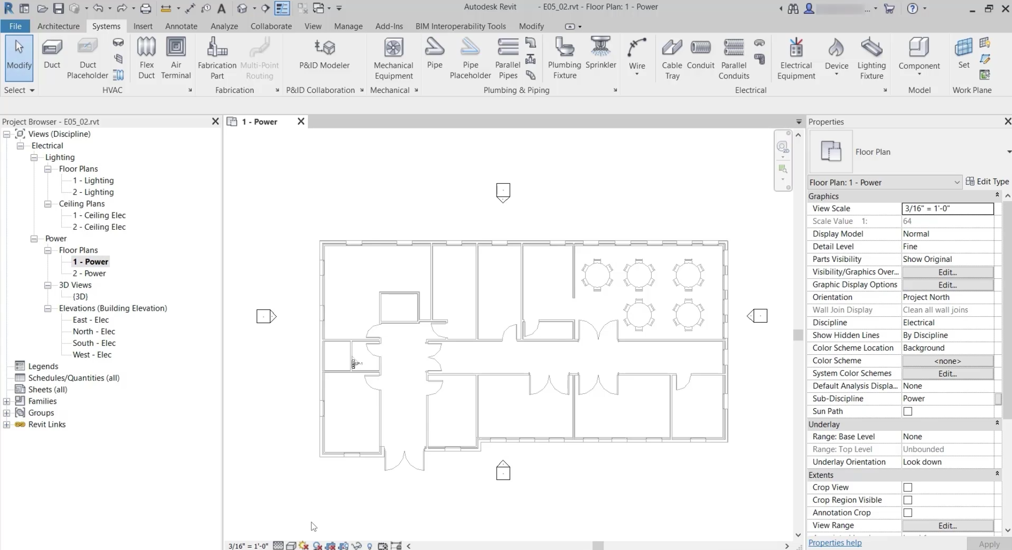 In the Revit interface, the project for this example open to the 1 – Power view.