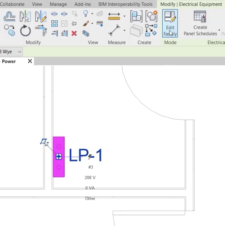 In the plan view, panel board LP-1 is highlighted as selected, and in the ribbon, Edit Family is being selected.