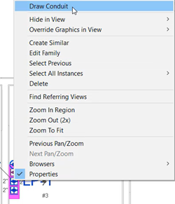 The context menu for a grip on the top face of the panel board, with the Draw Conduit option highlighted.