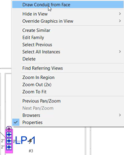 The context menu for the grip on the side face of the panel board, with the Draw Conduit from Face option highlighted.