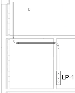 In the plan view, a short run of conduit drawn from the panel board.