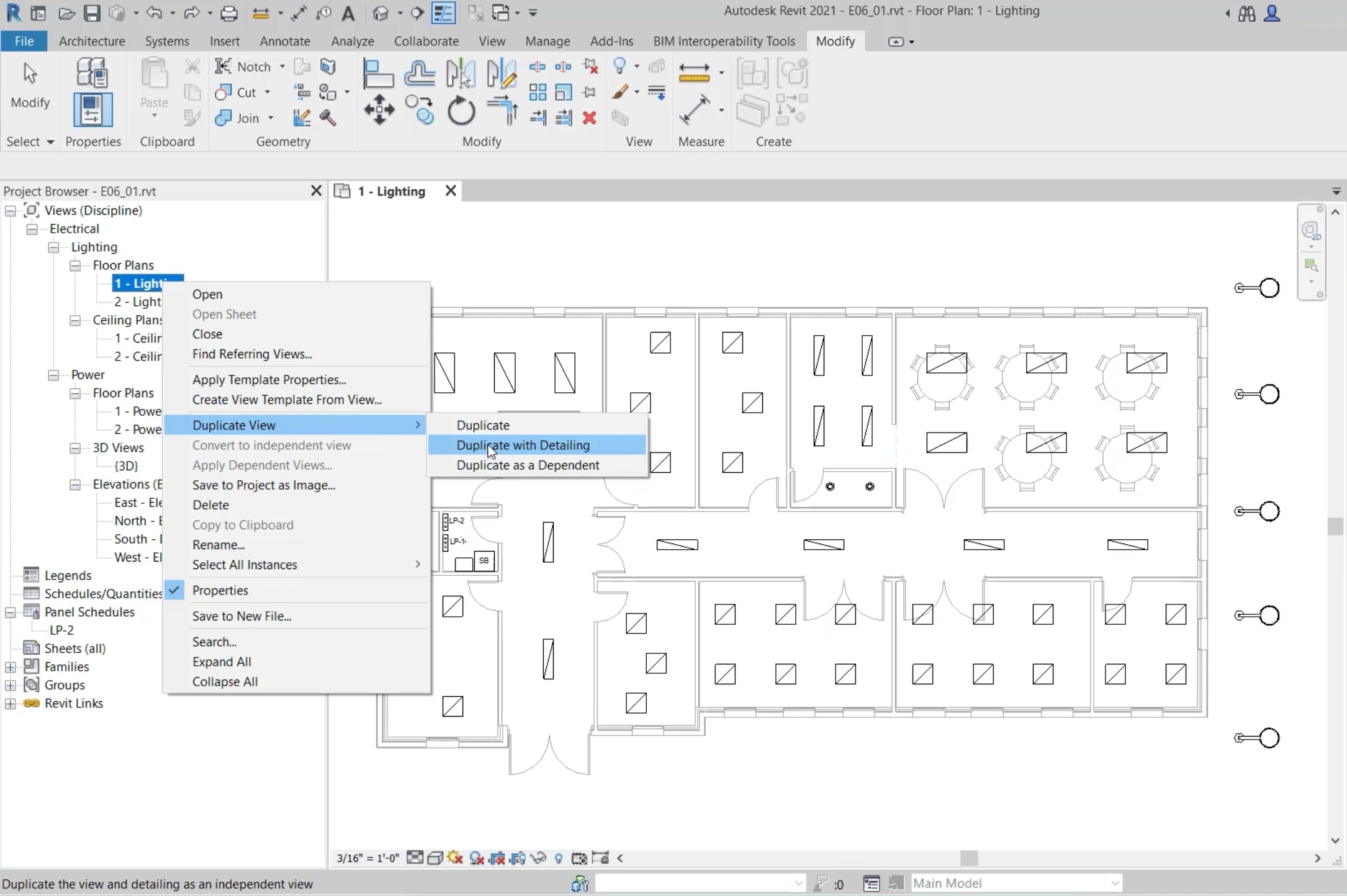 In the open Revit project, in the Project Browser, Duplicate View is selected in the 1 – Lighting shortcut menu, and Duplicate with Detailing selected in the flyout.