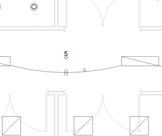 In the zoomed-in lighting view, the tag placed against one of the wires on the hallway circuit, and moved away from the wire, and showing the circuit number as 5 for this example.