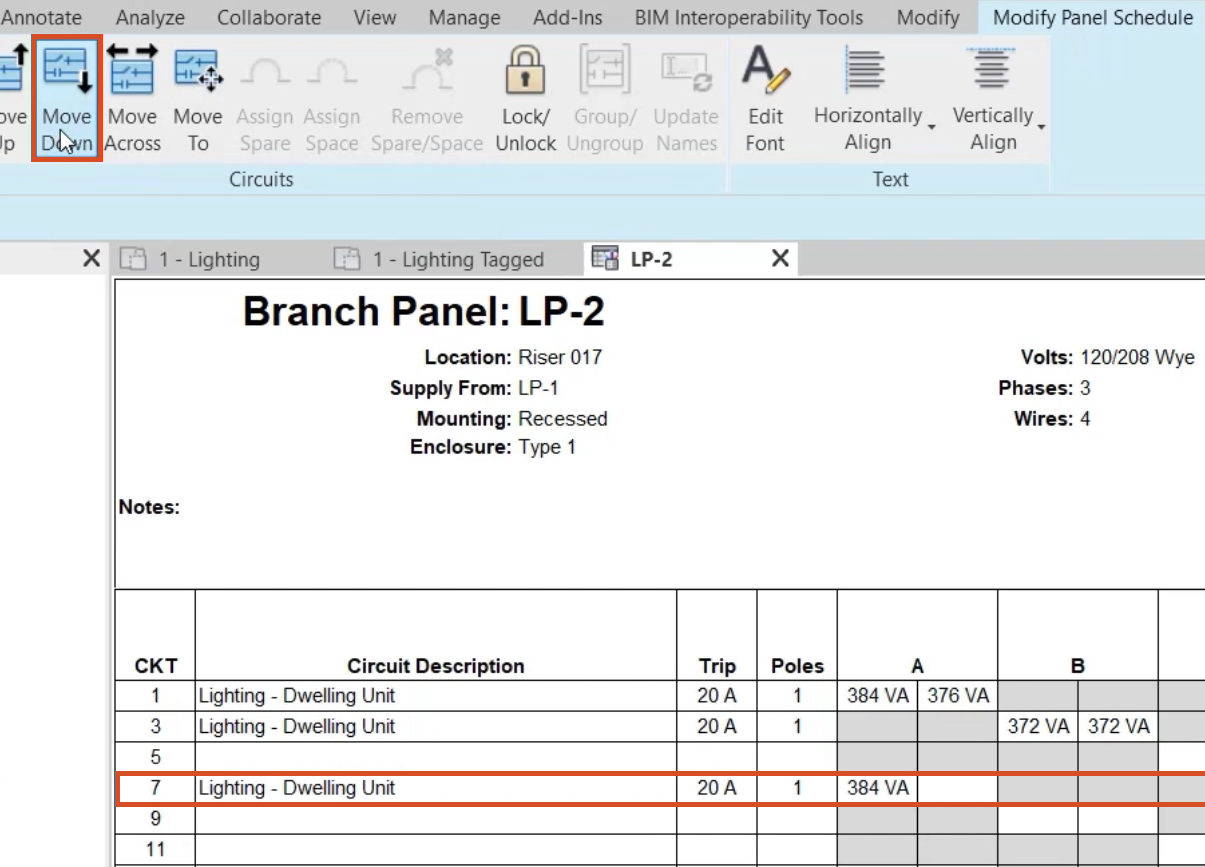 In the Modify Panel Schedule tab of the ribbon, Move Down is being selected, and in the panel schedule for panel board LP-2, circuit 5 has been moved to position 7.