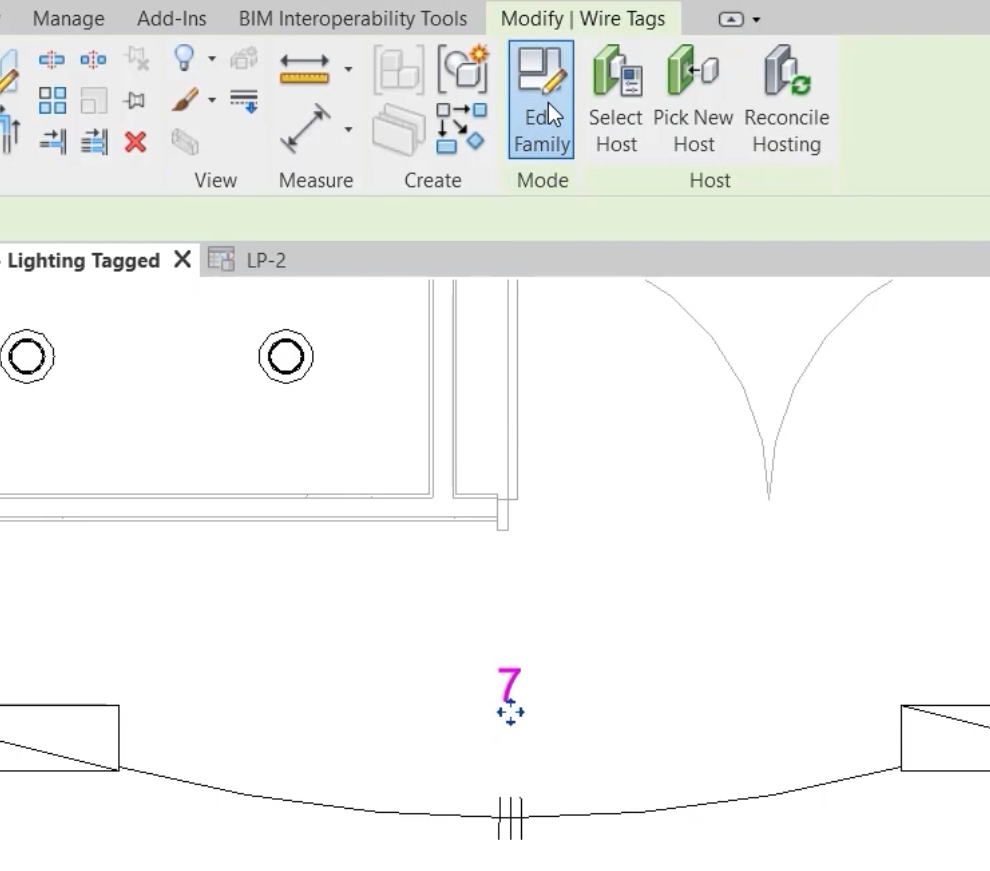 In the 1 – Lighting Tagged view, the updated circuit reference—now 7—is highlighted as selected, and in the ribbon, Edit Family is being selected.