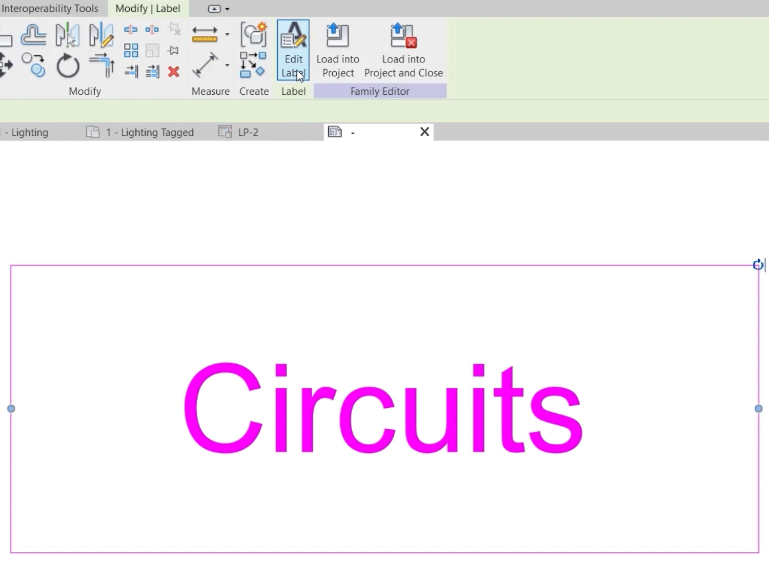 In the view, the label that reads “Circuits” is selected, and on the ribbon, Edit Label is being selected.