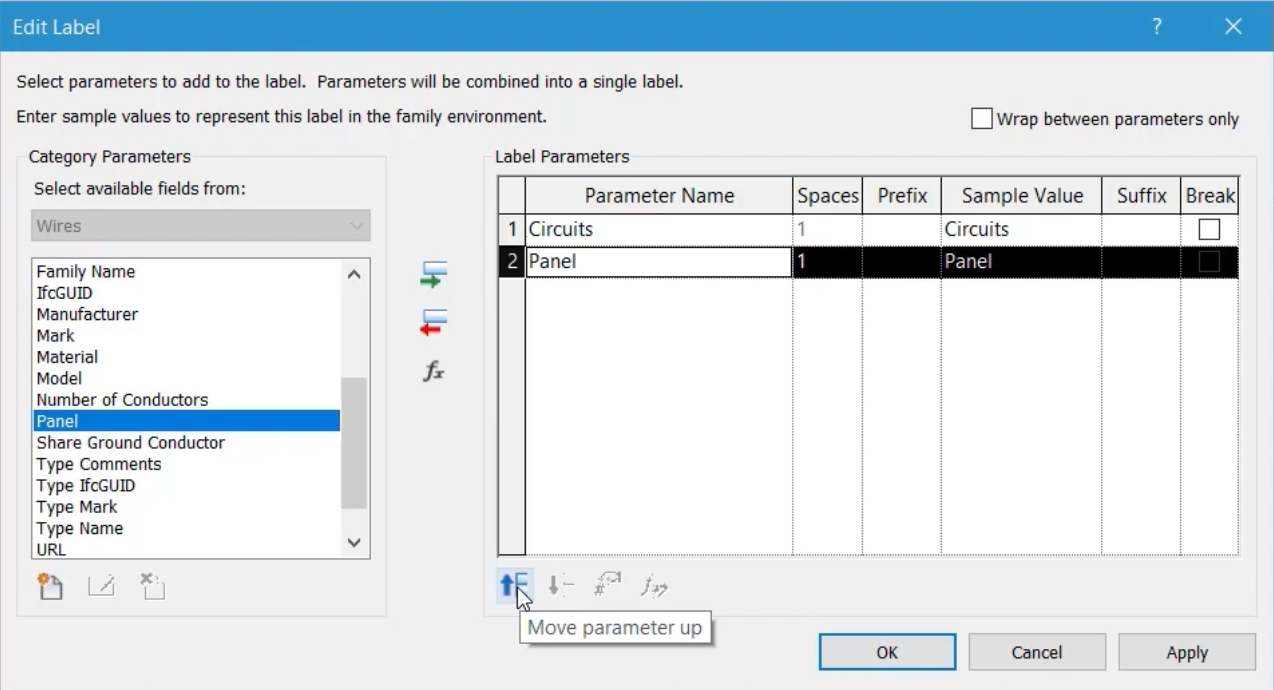 In the Edit Label dialog box, Panel is selected from the list of Label Parameters, and below the table, Move parameter up is selected.