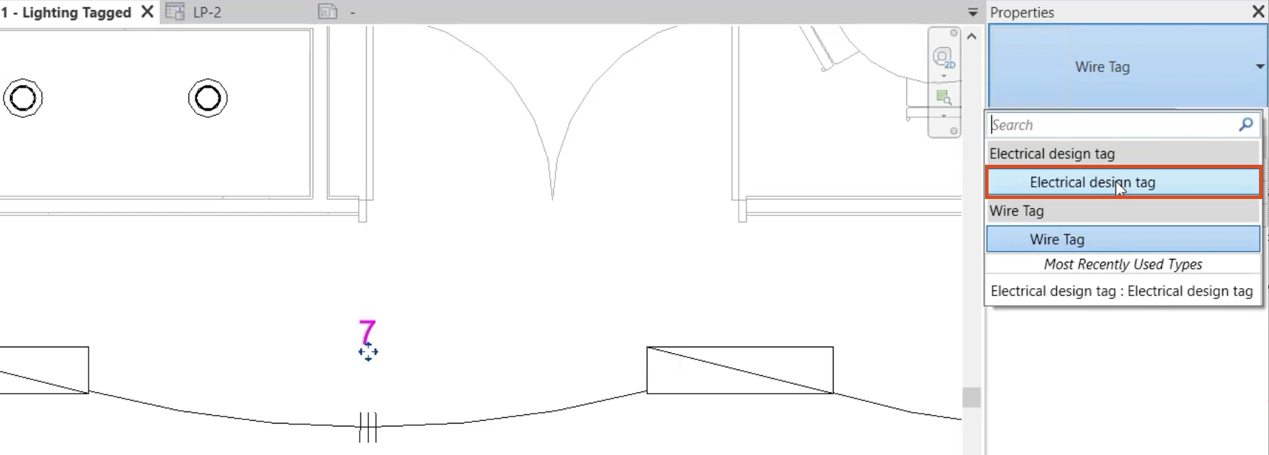 In the 1 – Lighting Tagged view, the current tag of “7” is selected, and in the Type Selector, Electrical design tag is being selected.