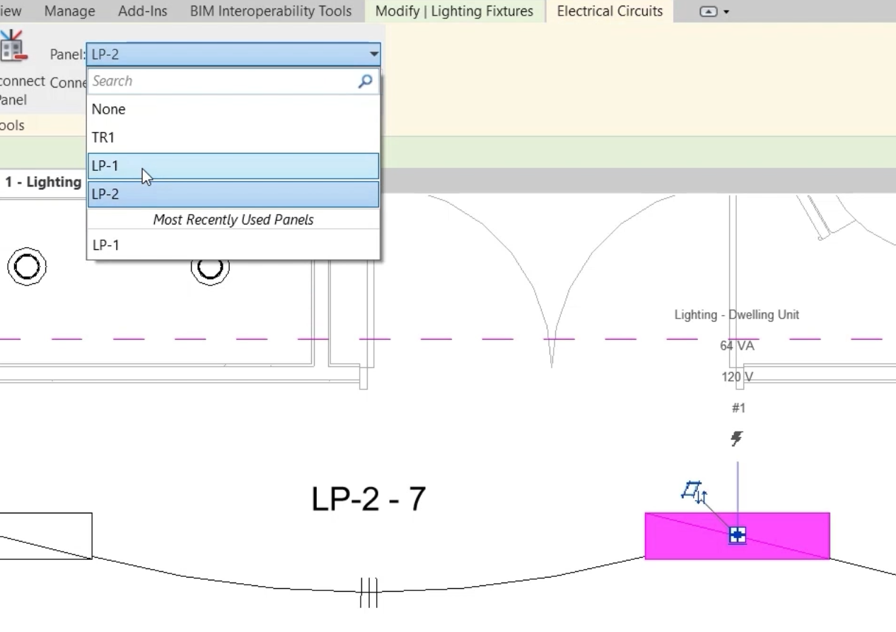 In the 1 - Lighting Tagged view, a lighting fixture from the hallway circuit selected and highlighted, and on the Electrical Circuits tab of the ribbon, LP-1 is selected in the Panel drop-down.