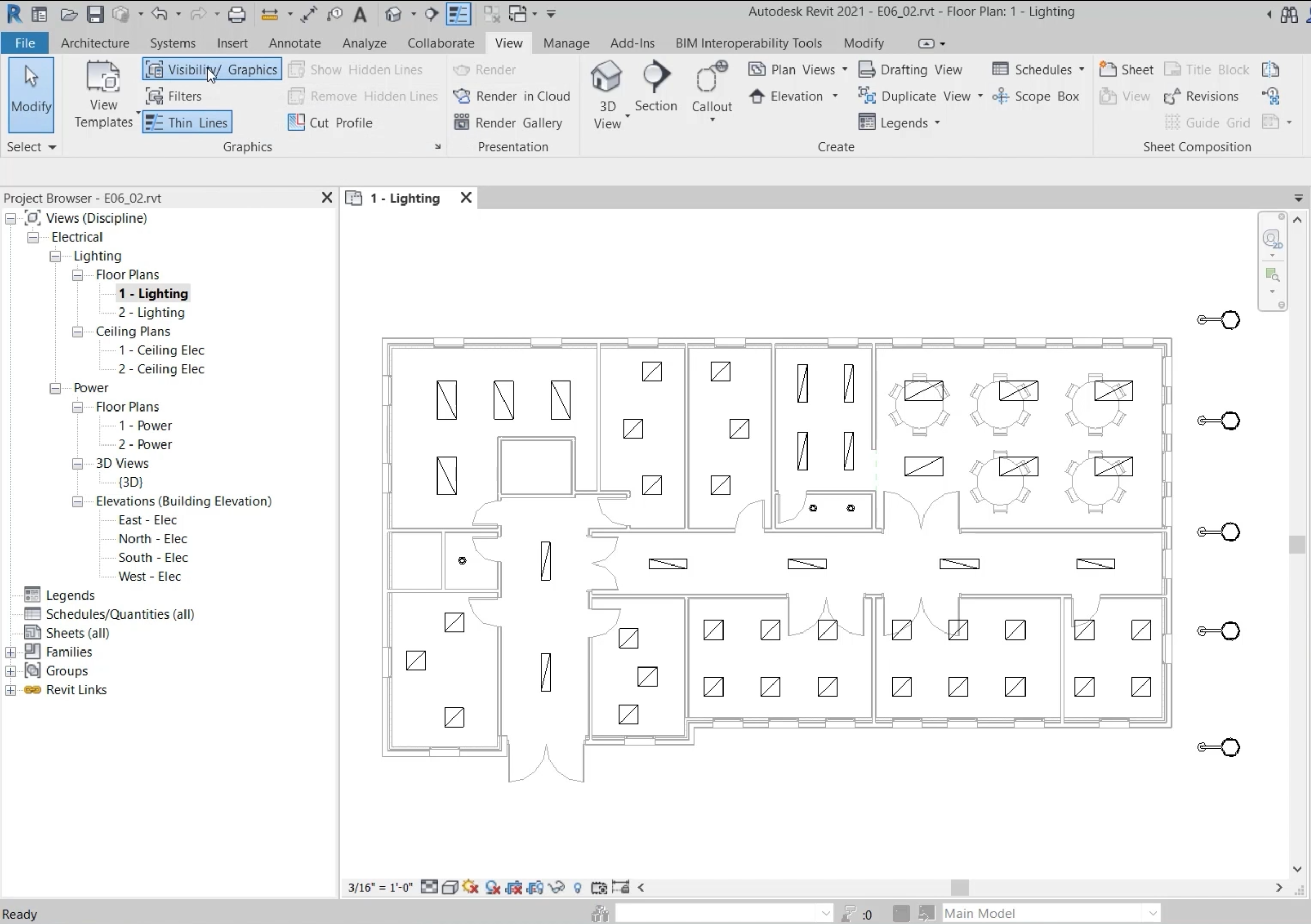 In the Revit interface, the project for this example open to the 1 – Lighting view, with Visibility/ Graphics selected in the View tab of the ribbon.