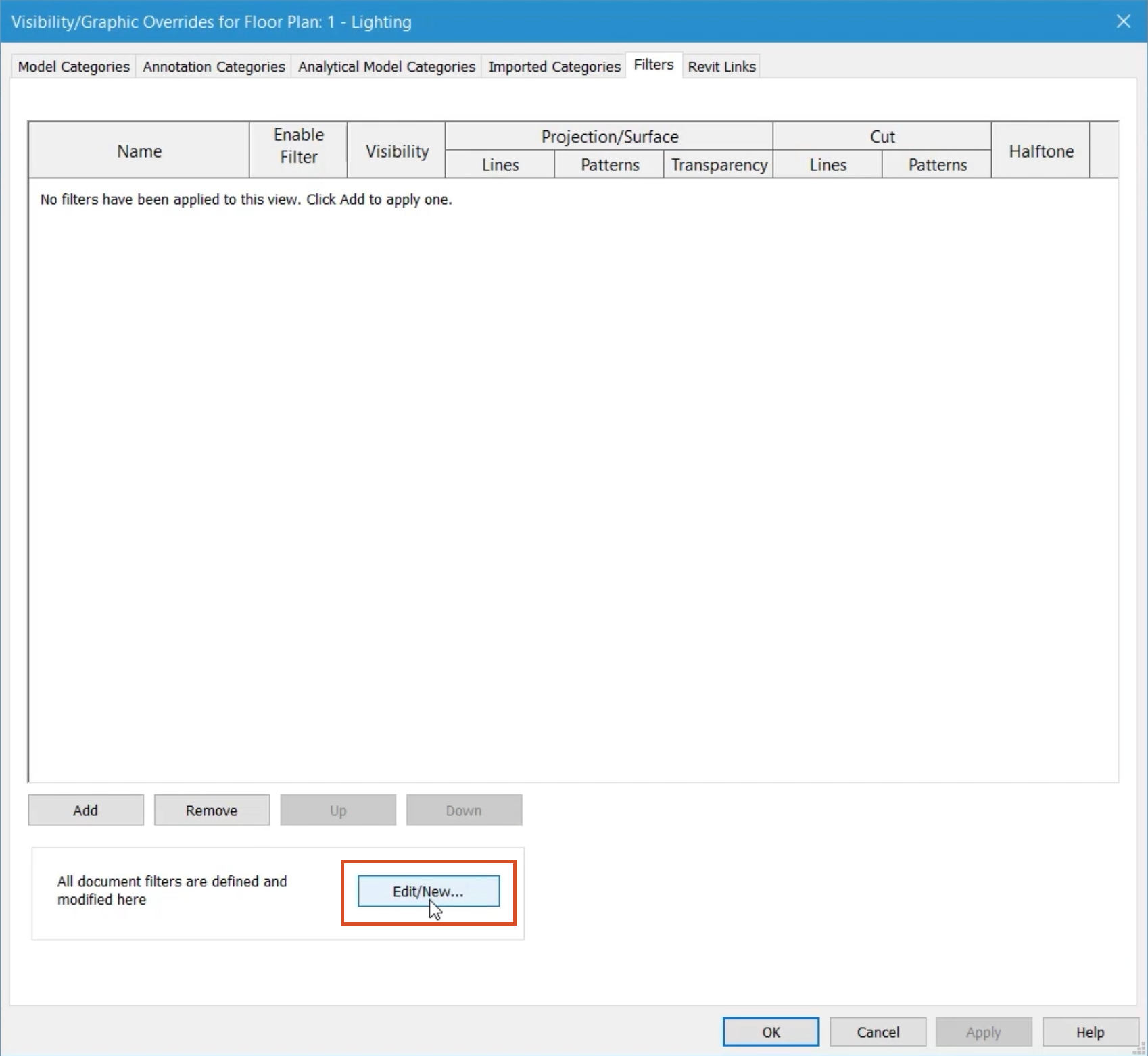 In the Visibility Graphics Overrides for Floor Plan: 1 - Lighting dialog box, on the Filters tab, Edit/New selected.