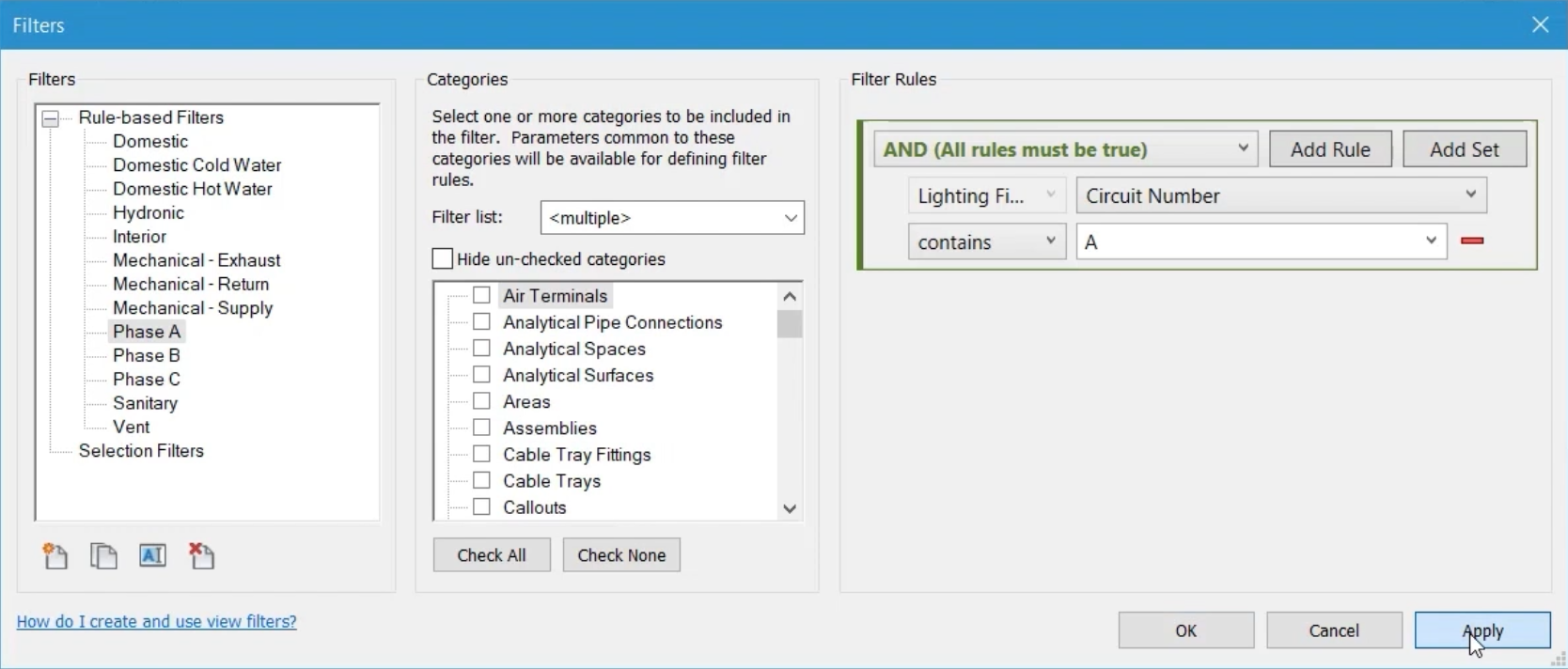 In the Filters dialog box, a filter rule defined for the Phase A filter.