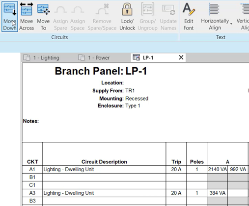 In the panel schedule for panel board LP-1, clicking Move Down to move circuit B1 to A3