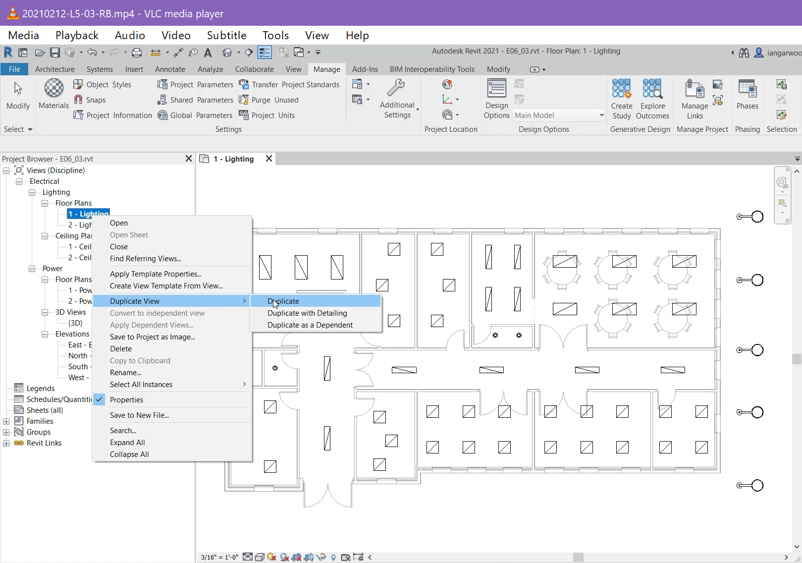 In the open Revit project, in the Project Browser, Duplicate View selected in the 1 – Lighting shortcut menu, and Duplicate with Detailing selected in the flyout.-->