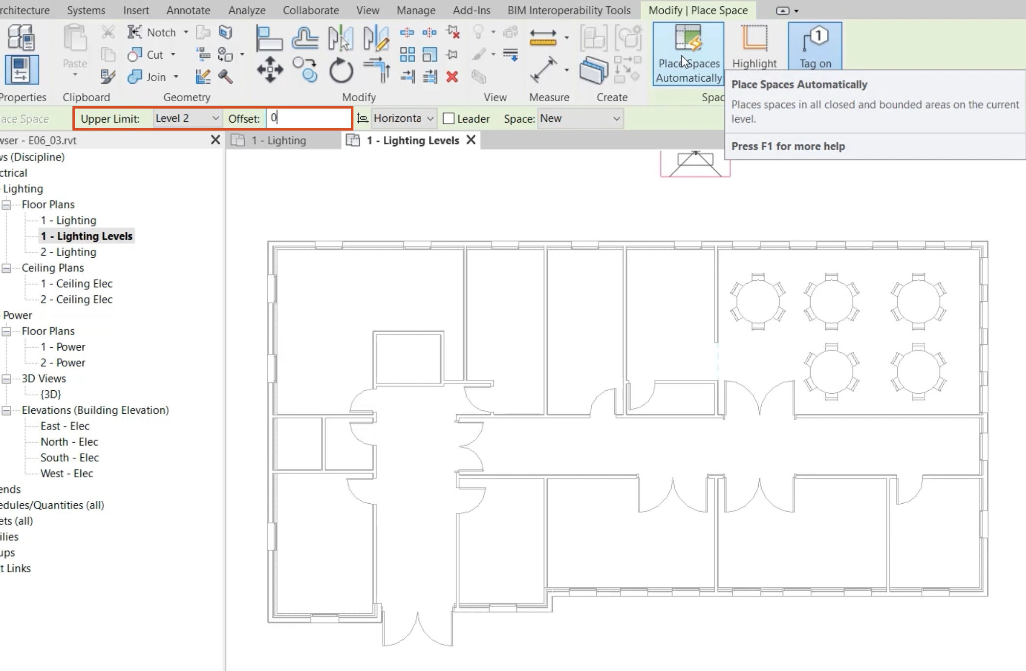 The Modify | Place Space contextual ribbon tab, with lighting fixtures hidden in the view, the Option Bar settings configured for this example, and Place Spaces Automatically selected in the ribbon. -->