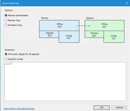 The Space Naming dialog box, with Names and Numbers selected, and All Levels enabled.-->