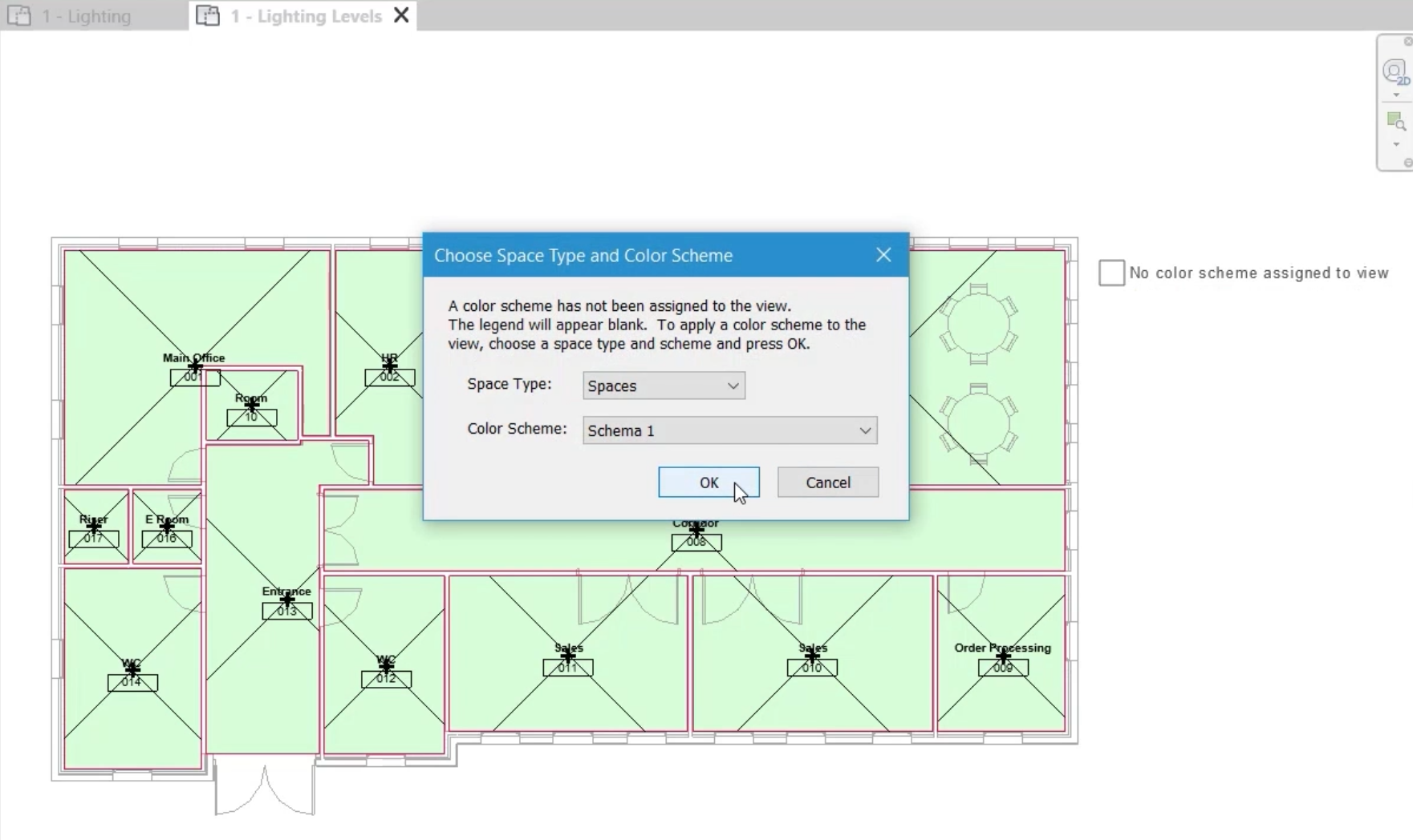 In the view, the legend placed to the right side of the floor plan, and in the Choose Space Type and Color Scheme popup, OK is selected.-->