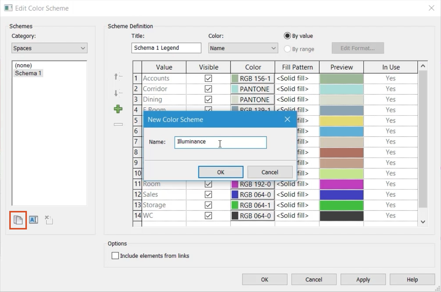 In the Edit Color Scheme dialog box, the Duplicate button highlighted in red, and in the New Color Scheme popup, a name entered for this example.-->