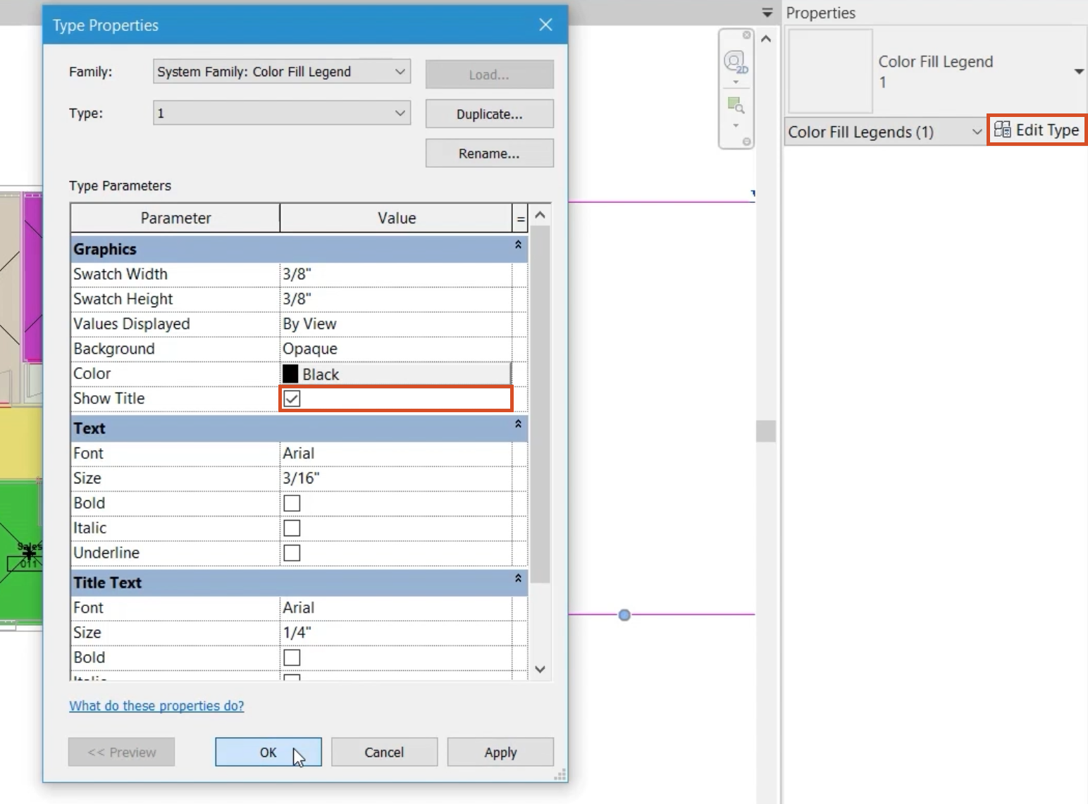 To the right, in the Properties, Edit Type is highlighted, and in the Type Properties dialog box, Show Title is enabled, and OK is being selected.-->