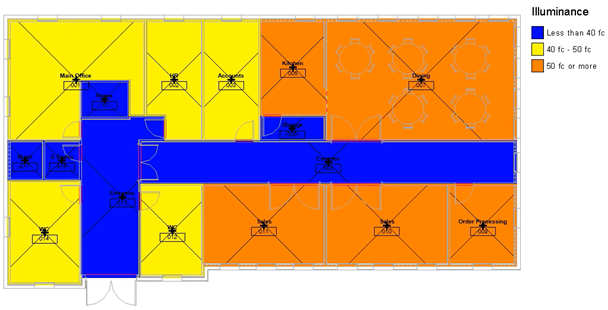 In the view, the color-by-range legend titled, “Illuminance,” with the scheme applied to the floor plan.-->