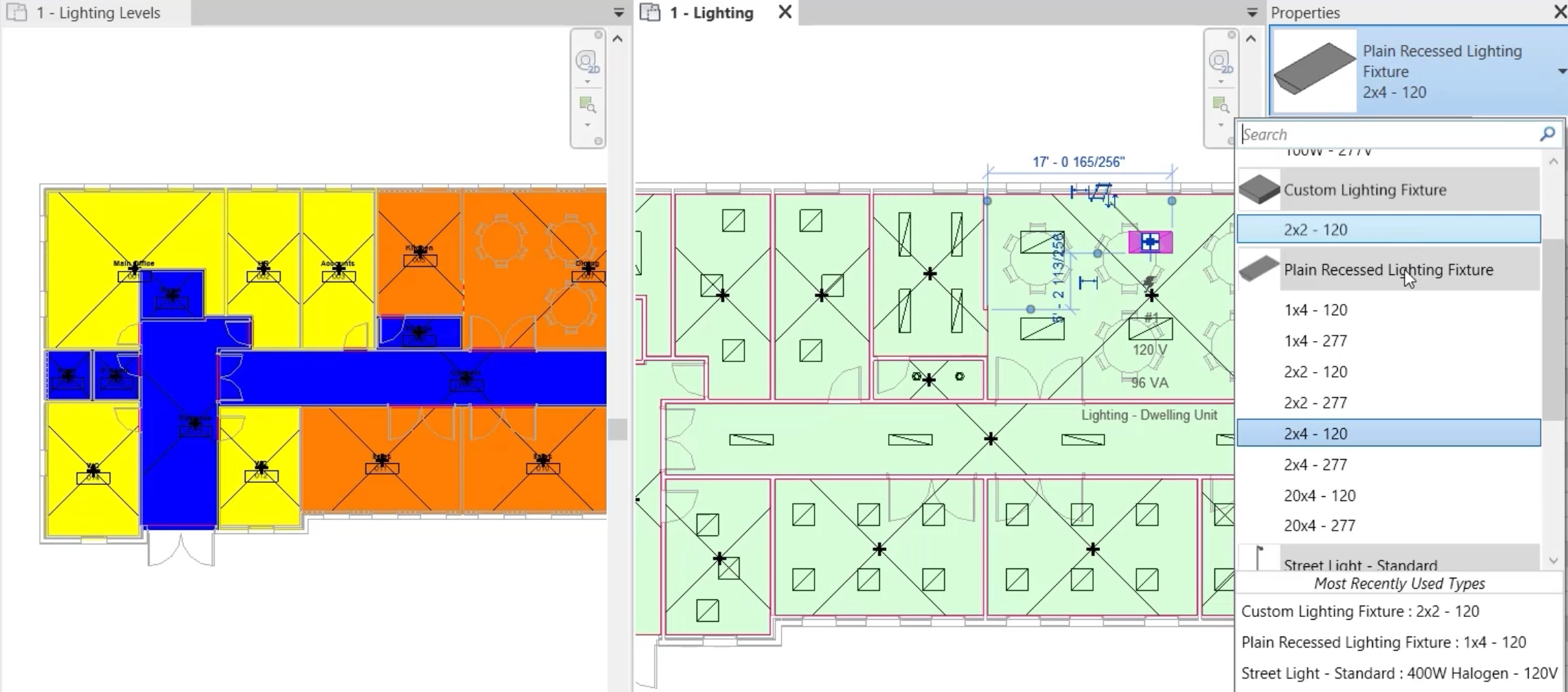 With the views tiled, in the 1 – Lighting view, a lighting fixture is selected in the dining area, and in the Type Selector, the new lighting fixture type is selected.-->