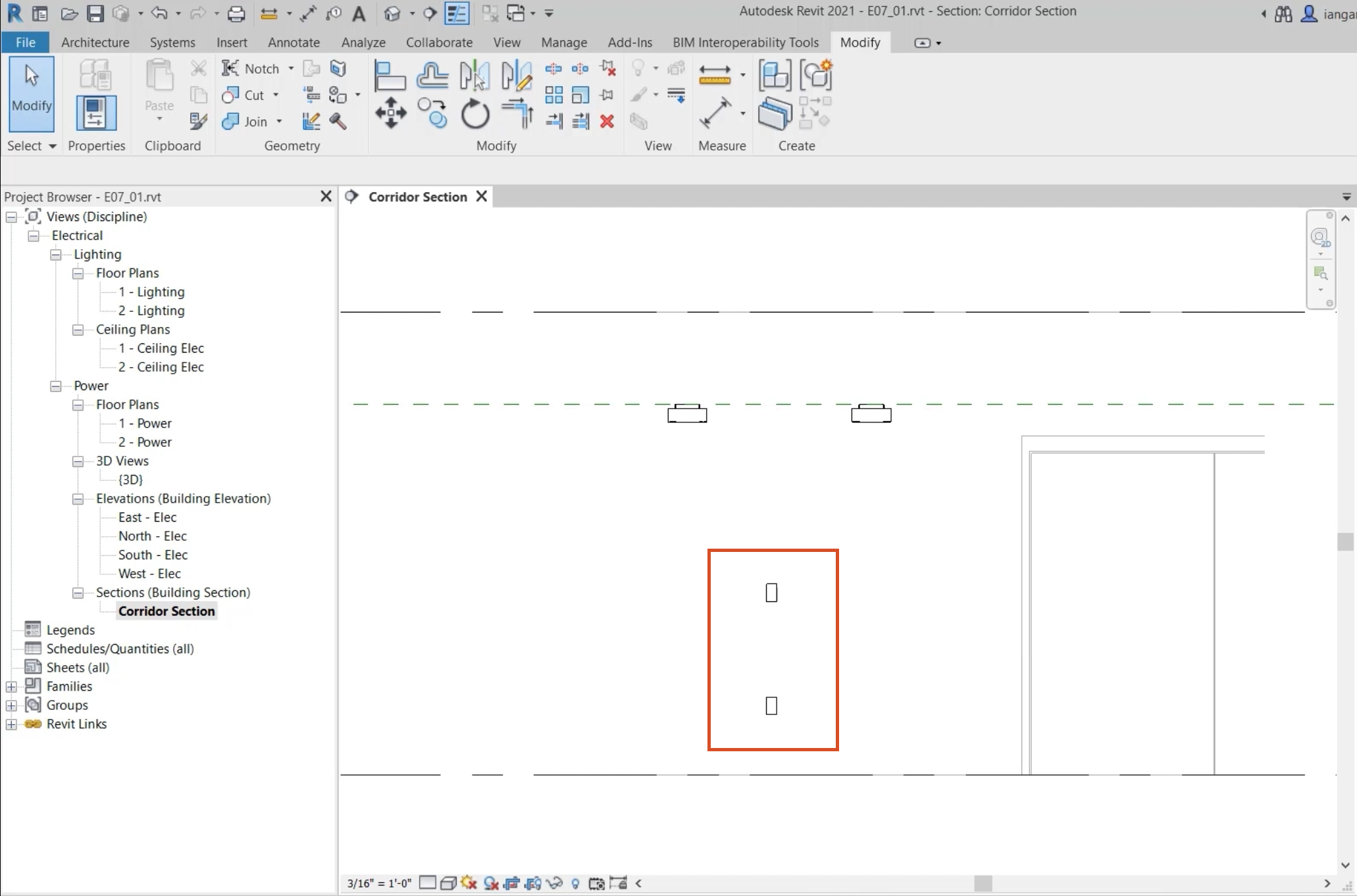 In the Revit interface, the project for this example is open to the Corridor Section view, with vertically placed electrical fixtures highlighted in red.