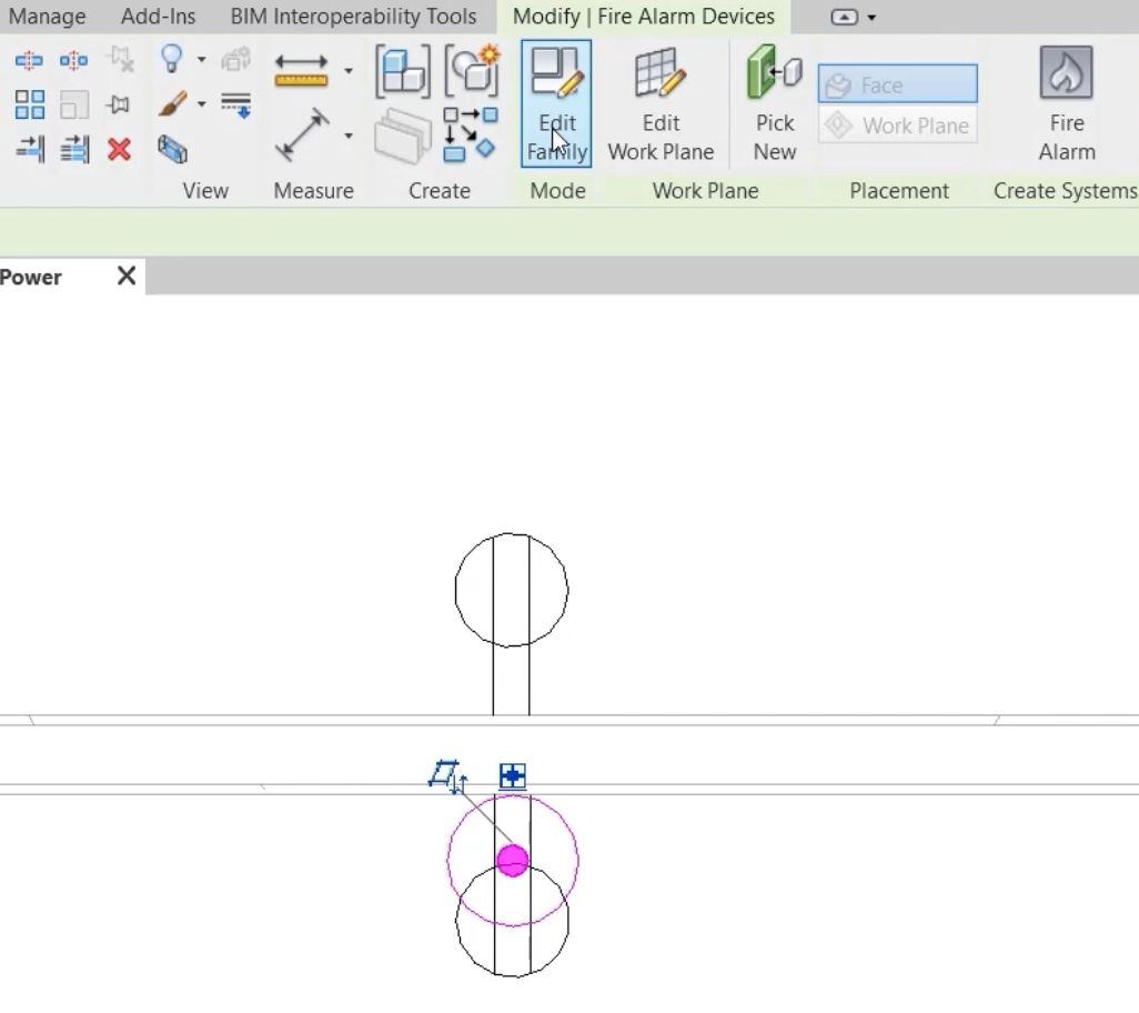 In the 1 – Power view, the fire alarm break glass unit is selected, and in the Modify | Fire Alarm Devices contextual ribbon, Edit Family is being selected.
