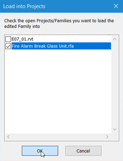 The Load into Projects dialog box, with only the Fire Alarm Break Glass Unit family selected.