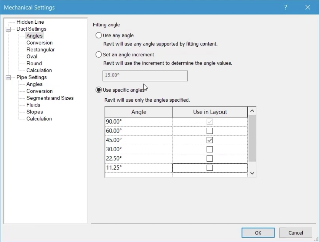 In the Mechanical Settings dialog box, Angles is selected in the left panel, and all settings are configured for this example.