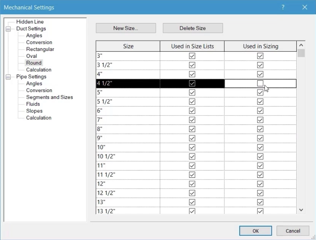 In the Mechanical Settings dialog box, Round is selected, and the Used in Sizing option is deselected for the 4 ½ in. size.