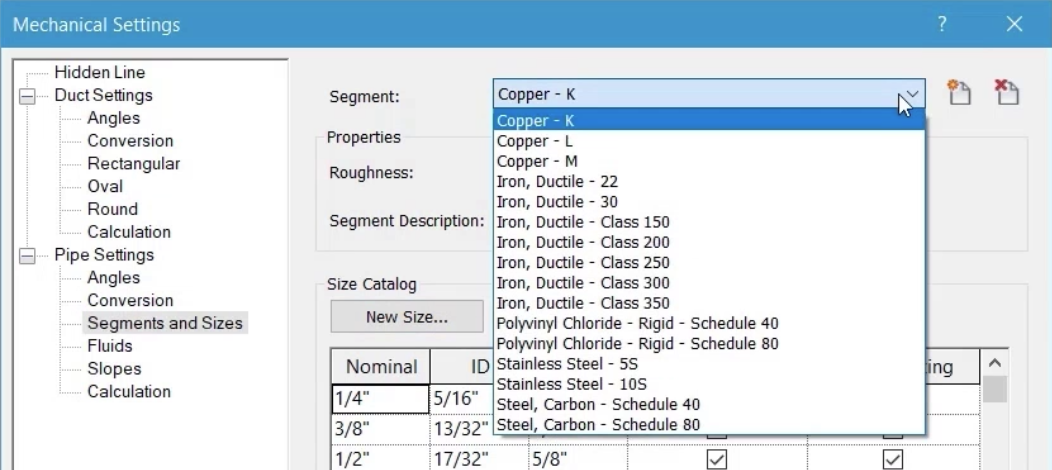 In the Mechanical Settings dialog box, Segments and Sizes is selected, and the Segment list is expanded to show the available options.