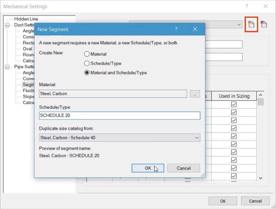 From the Mechanical Settings dialog box, in the Segments and Sizes settings, a zoomed-in view of the Size Catalog group box.