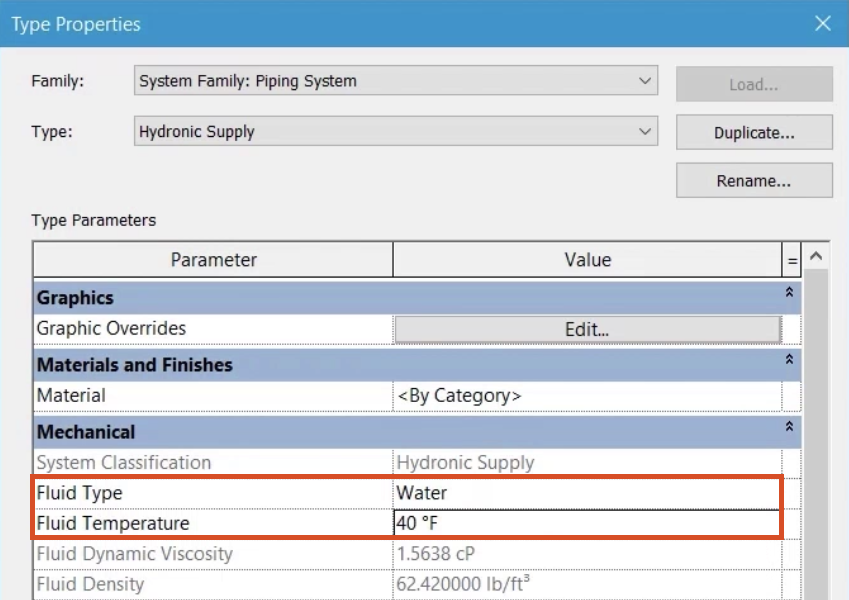 In the Type Properties dialog box, the Fluid Type and Fluid Temperature options are highlighted in red.